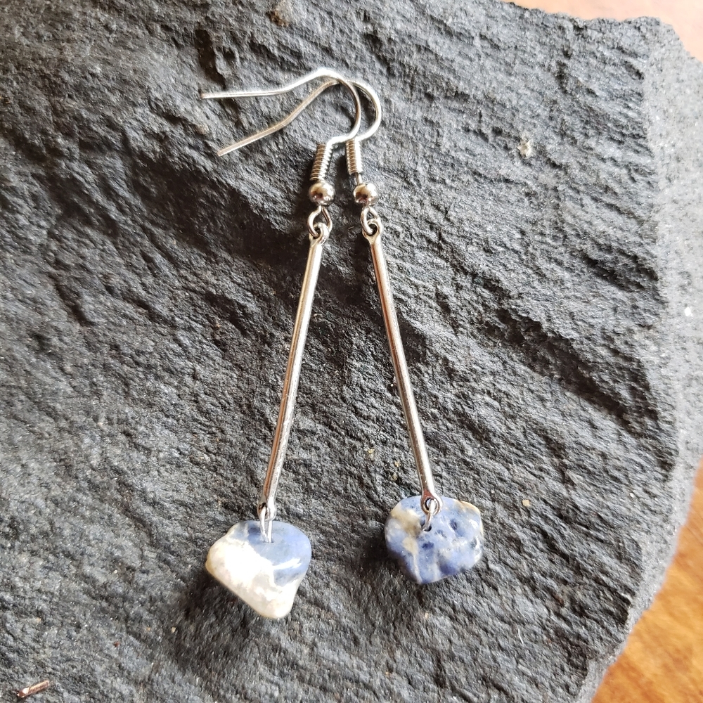 Handmade Geometric Beach Stone Silver Rod Minimalist Simple Earrings